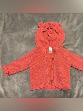 Simple Coral Knit Hooded Baby Cardigan